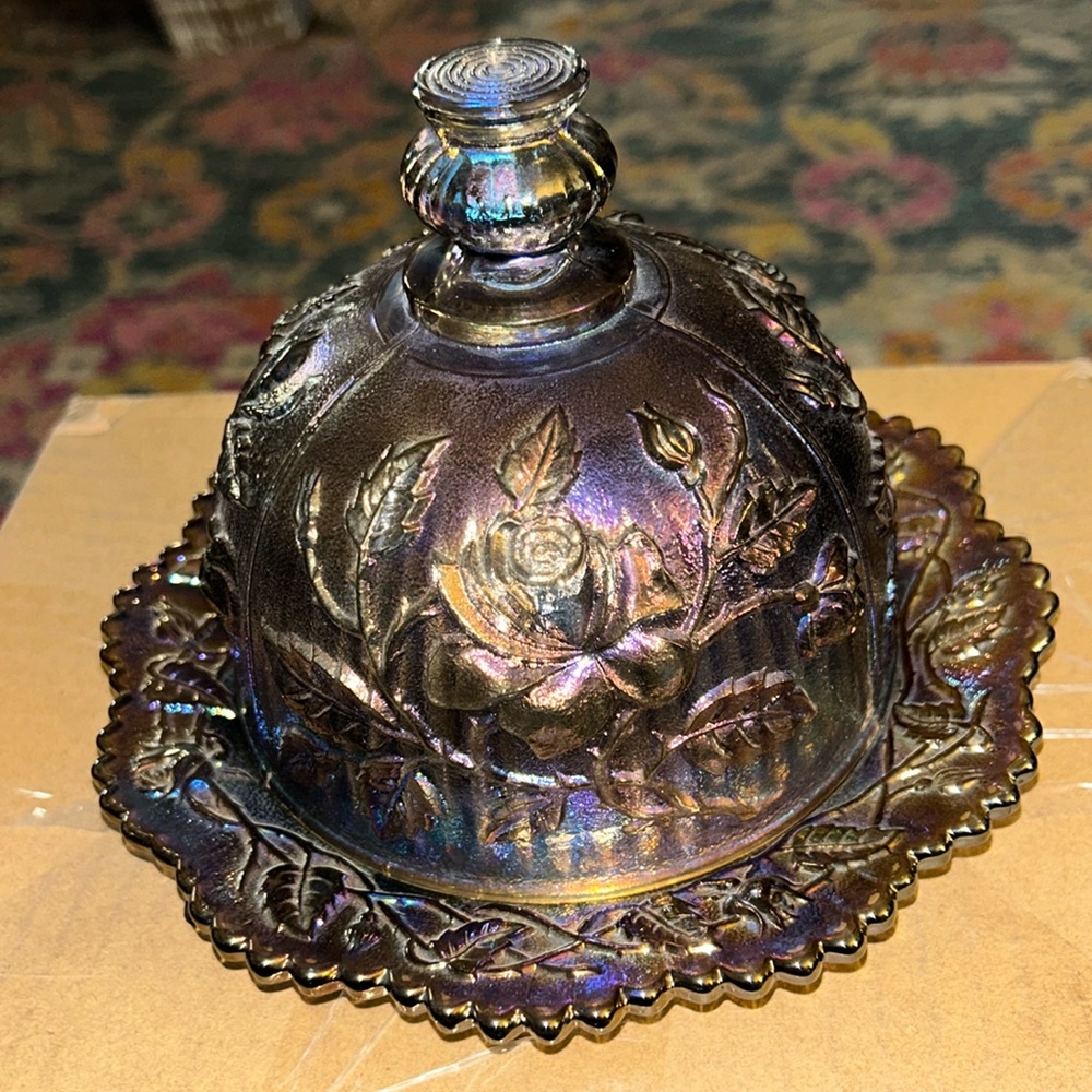 Imperial Glass Co. Lustre Rose Pattern Carnival Glass Round Butter Dish
